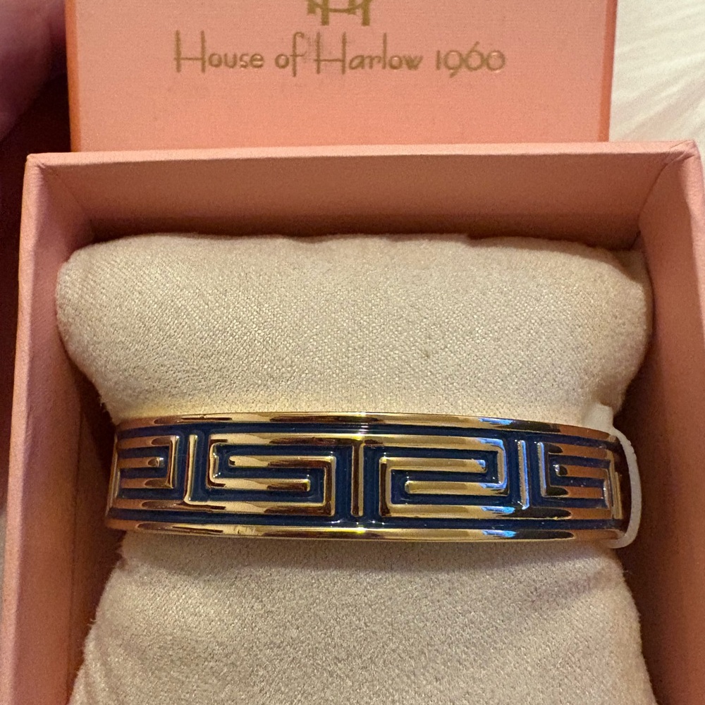 NWT House of Harlow 1960 Navy and Gold Plated Greek  Design Hinge Bangle